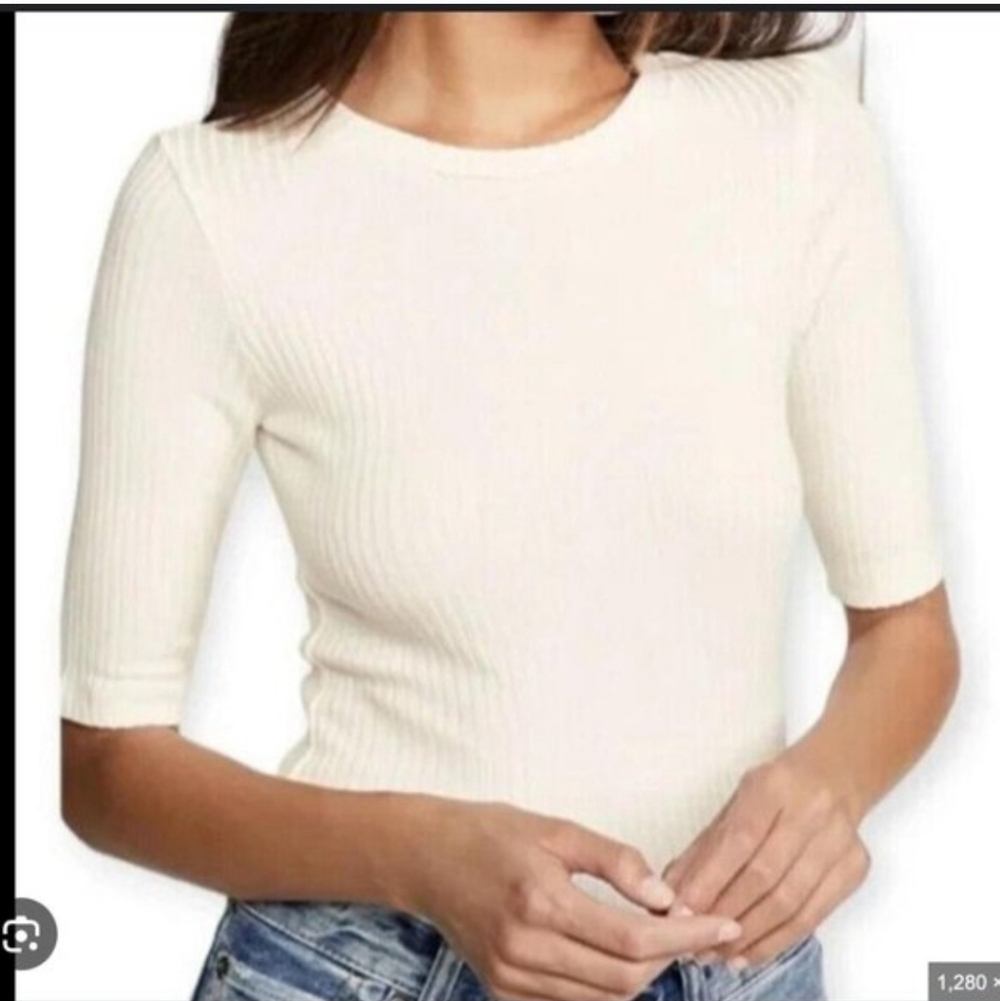 Reformation Quarter Sleeve Basic Cropped Ribbed Top Butter Off White